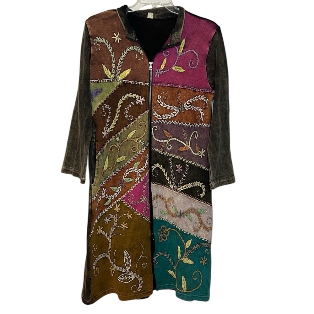Y2K Bohemian Patchwork Embroidered Zip Up Sweatshirt Dress L/XL